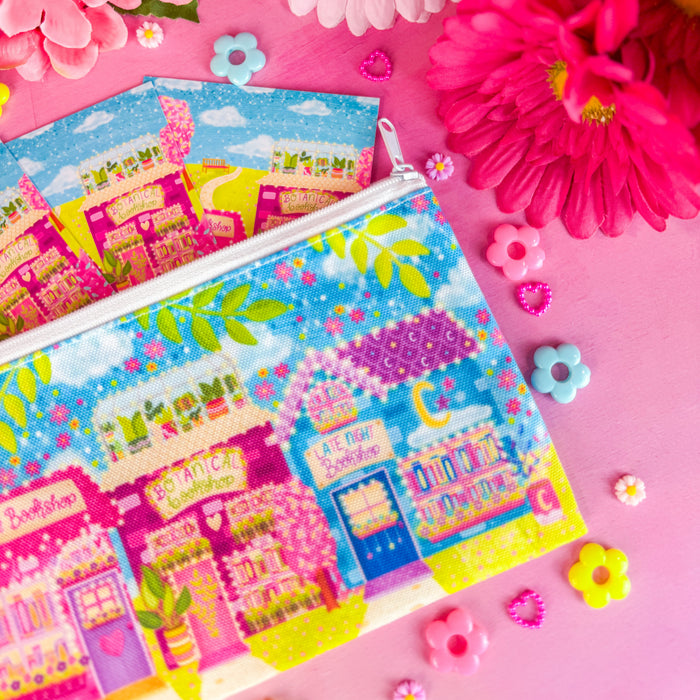 Bookshop Avenue bookmark pouch on pink backdrop