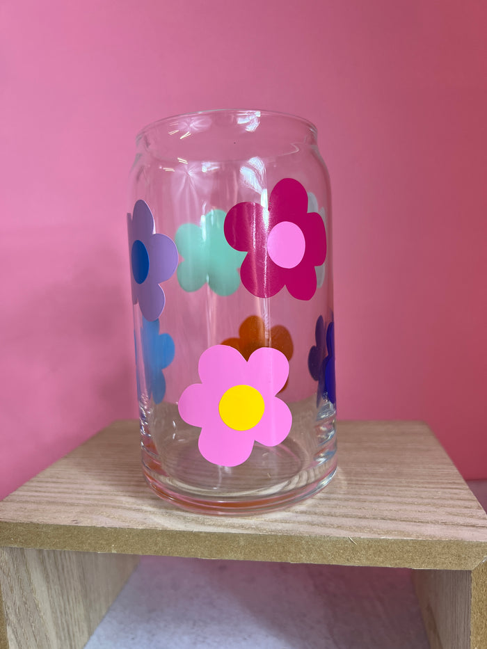 Retro Flowers Multicolor Beer Can Glass