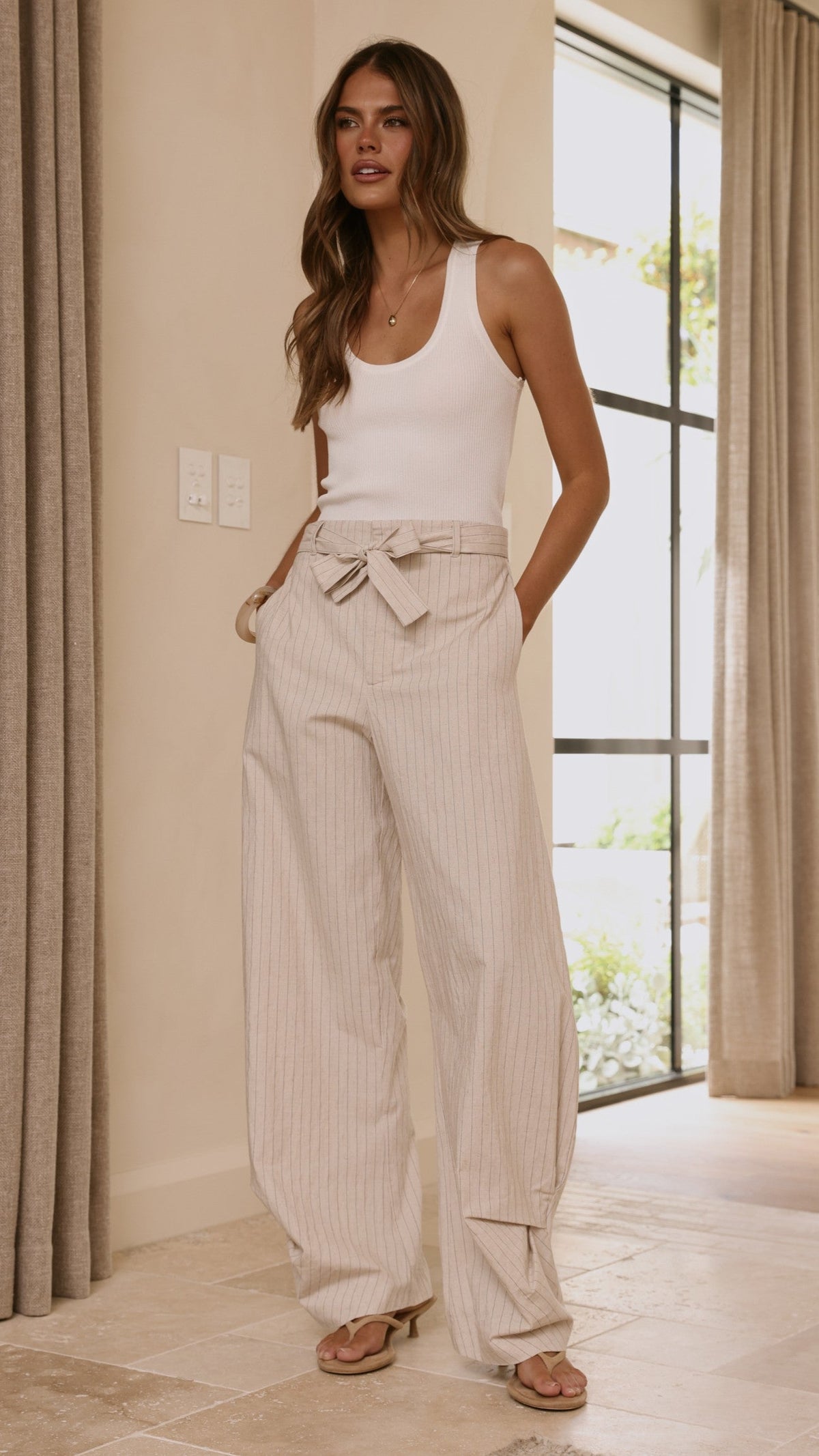 Audrey Pinstripe Tapered Pant - Stone