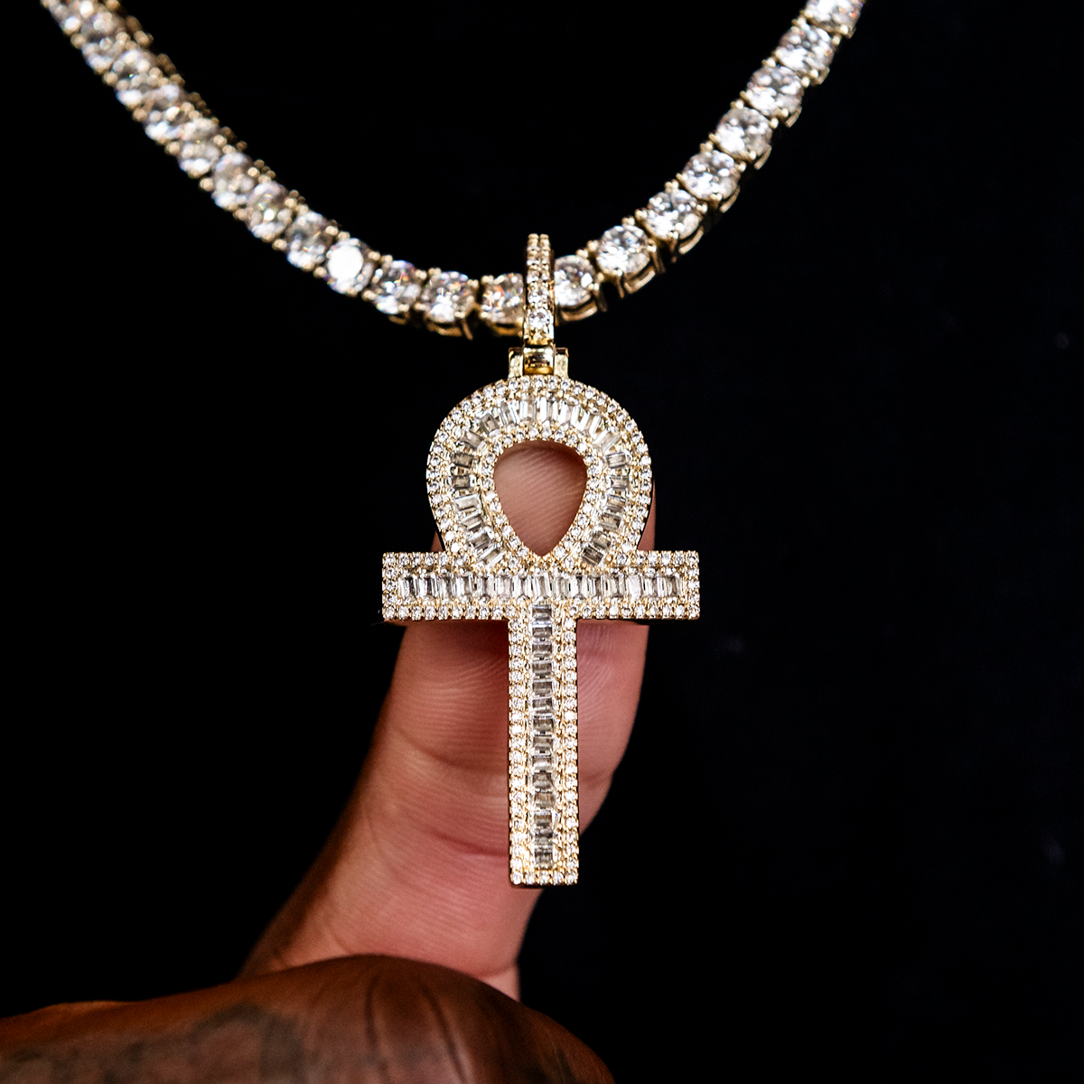 Diamond Baguette Ankh Cross Pendant in Yellow Gold