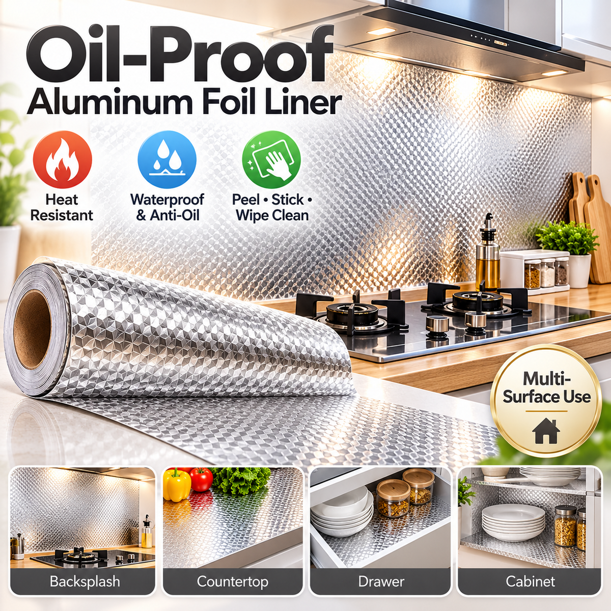 Silver Oil-Resistant Adhesive Kitchen Liner – Waterproof Peel & Stick Backsplash & Cabinet Protector