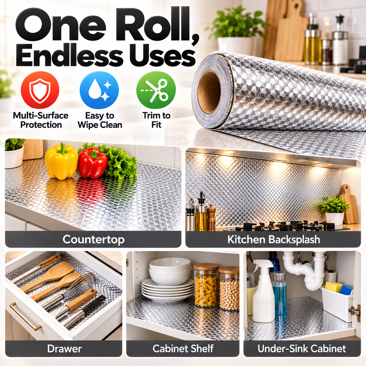Silver Oil-Resistant Adhesive Kitchen Liner – Waterproof Peel & Stick Backsplash & Cabinet Protector