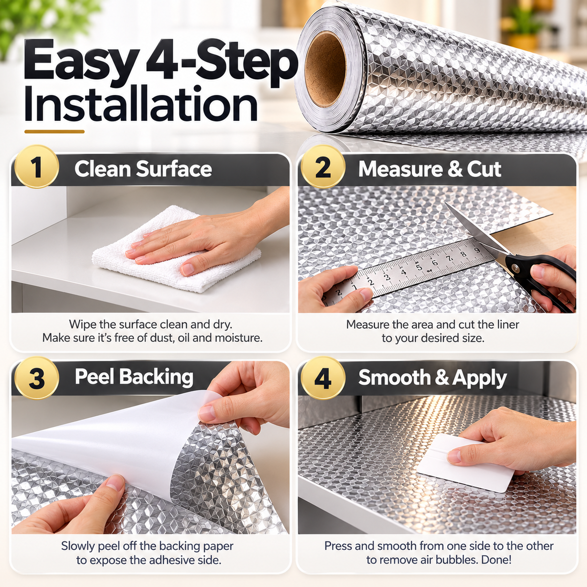 Silver Oil-Resistant Adhesive Kitchen Liner – Waterproof Peel & Stick Backsplash & Cabinet Protector