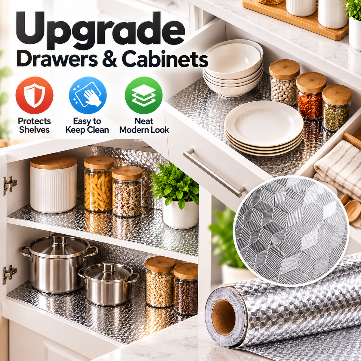 Silver Oil-Resistant Adhesive Kitchen Liner – Waterproof Peel & Stick Backsplash & Cabinet Protector