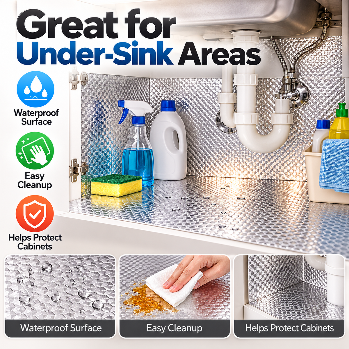 Silver Oil-Resistant Adhesive Kitchen Liner – Waterproof Peel & Stick Backsplash & Cabinet Protector