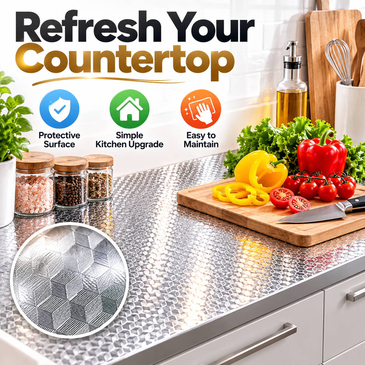 Silver Oil-Resistant Adhesive Kitchen Liner – Waterproof Peel & Stick Backsplash & Cabinet Protector
