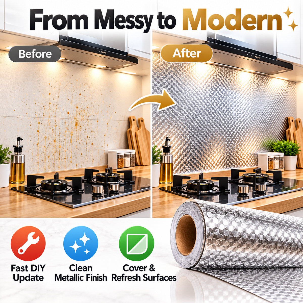 Silver Oil-Resistant Adhesive Kitchen Liner – Waterproof Peel & Stick Backsplash & Cabinet Protector
