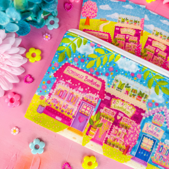 part of Bookshop Avenue bookmark pouch on pink backdrop
