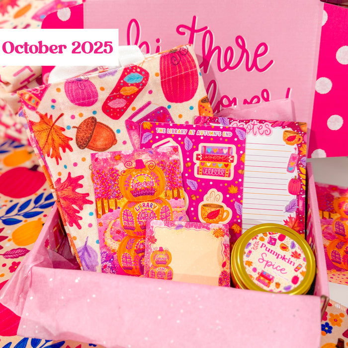 Colorful stationery set with a pink polka dot background and 'October 2025' text.